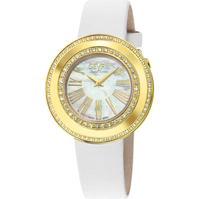 Gevril WoMens Gandria Swiss Diamond White MOP Dial, Genuine Italian Made Leather Watch - One Size