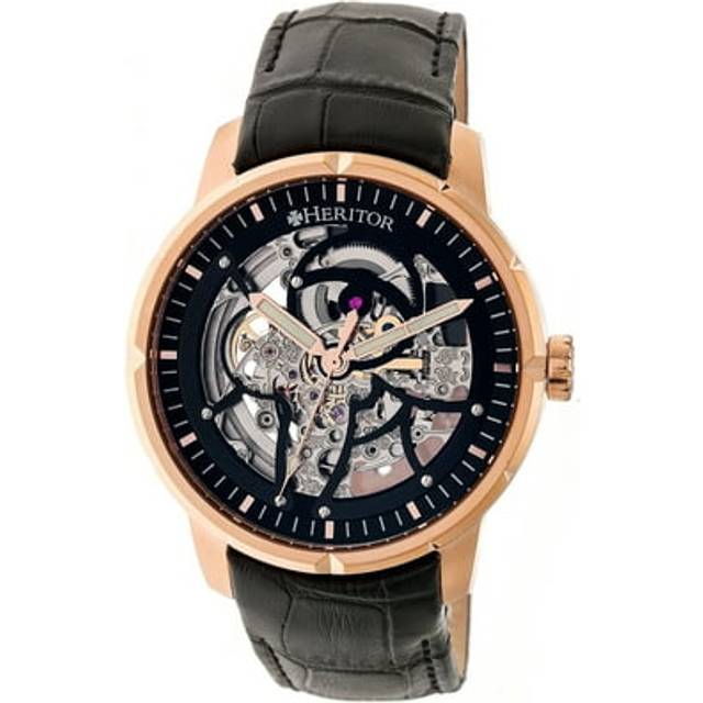Heritor Automatic Mens Ryder Skeleton Leather-Band Watch - Black & Rose Gold Stainless Steel - One Size