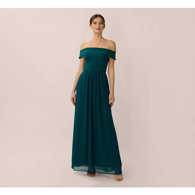 Off The Shoulder Crepe Chiffon Gown With Soft Skirt In Hunter - 0