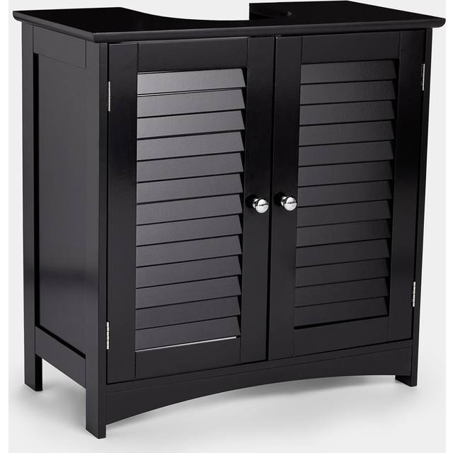 VonHaus Under Sink Bathroom Cabinet – Black Under Sink Storage for Bathroom - Freestanding Under Basin Cabinet with 2 Internal Shelves & Shutter Style