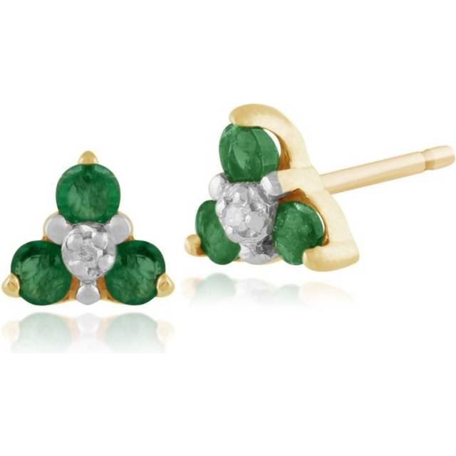 Floral Round Emerald & Diamond Cluster Stud Earrings in 9ct Yellow Gold