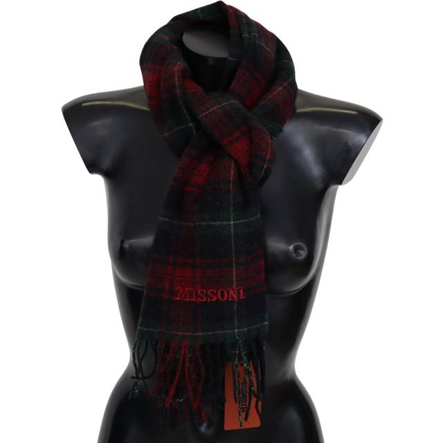 Missoni Black Red Check Wool Unisex Neck Wrap Fringes Scarf - Black and Red