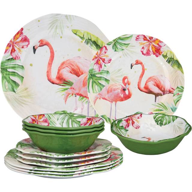 UPware 12-Piece Melamine Dinnerware Set, Includes Dinner Plates, Salad Plates, Bowls, Service for 4 (Flamingo)