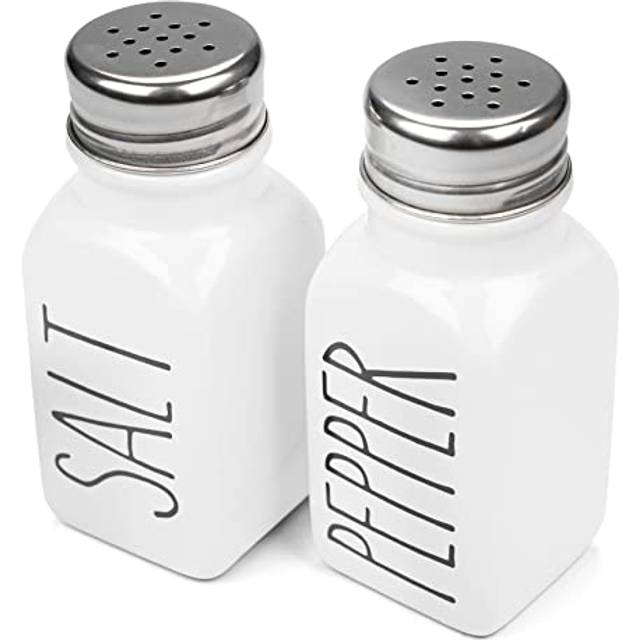 Farmhouse Ceramic Salt and Pepper Shakers Set with Extra Lids. 100% Stoneware Salt and Pepper Shaker Set. White Pepper and Salt Shaker with Lid x4. Ki