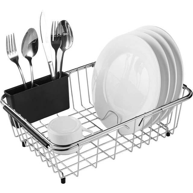 KESOL Smartly Compact Expandable Over The Sink Dish Drying Rack with Utensil Holder | 304 Stainless Steel Racks for Kitchen Counter  Space-Saving  Rus