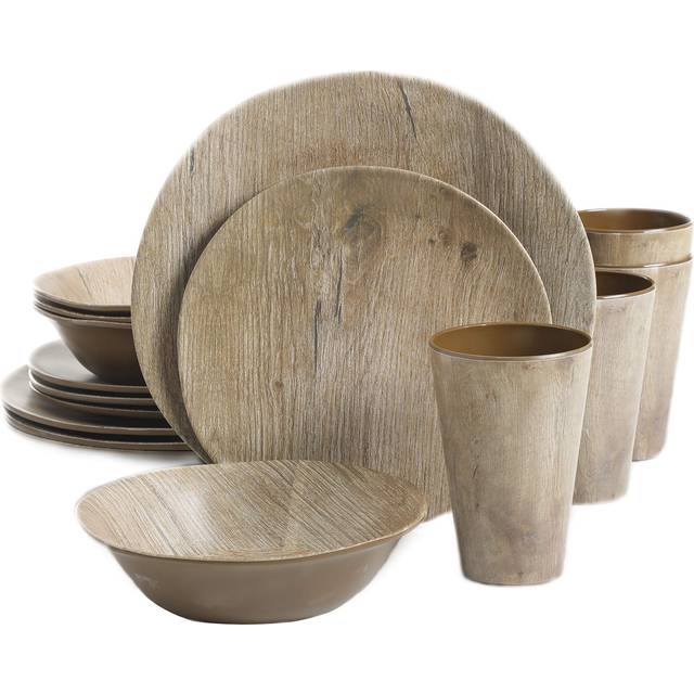 Gibson Home Woodlands Round Melamine Plastic Dinnerware Set  Service for Four (16pcs)  Wood
