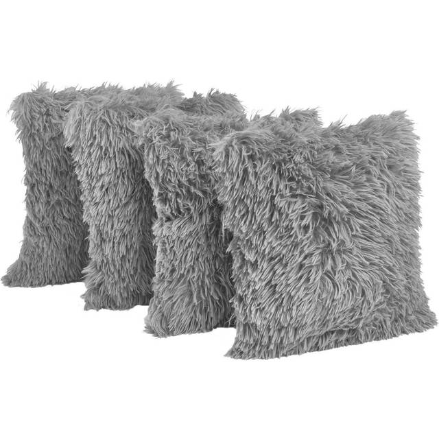OHS Set of 4 Faux Mongolian Fur Cushion Covers, Silver - 45 x 45cm - Grey