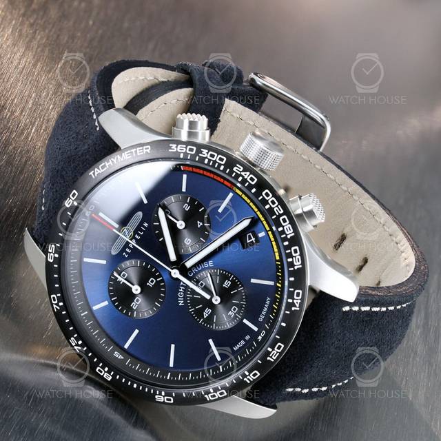 Zeppelin Night Cruise Chronograph Leather Strap Blue Dial Quartz 7288-3 100M Men's Watch
