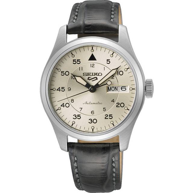 Seiko SRPJ87K1 Men's 5 Field X Flieger Suits Day Date Automatic Leather Strap Watch, Grey/Gold