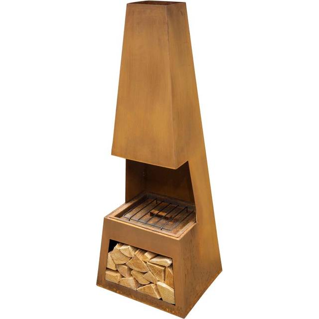 Dellonda outdoor chiminea fireplace heater firewood storage - corten steel