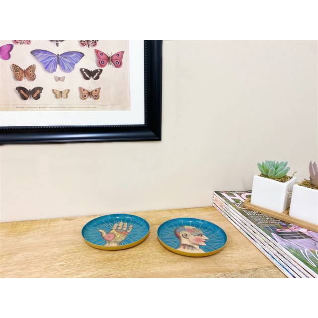 Set Of Two Metal Palm And Phrenology Head Round Coasters