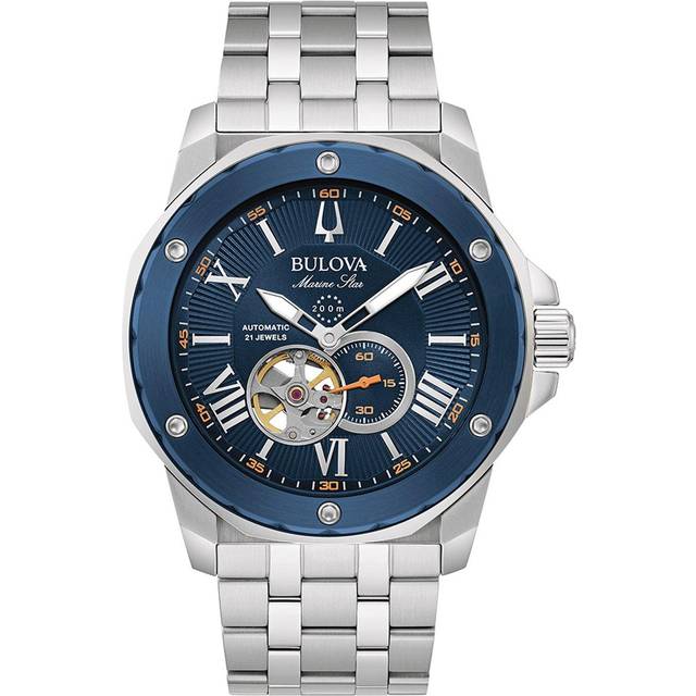 Bulova Marine Star Stainless Steel Open Heart Blue Dial Automatic 21 Jewels 98A302 200M Men's Watch