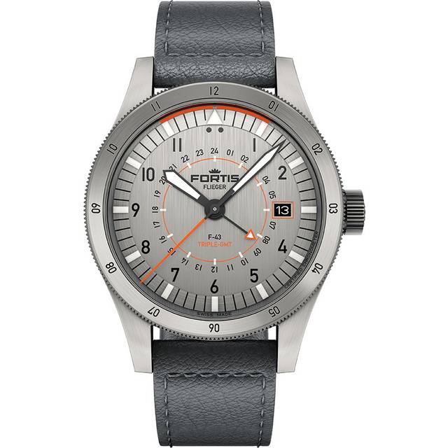 FortisFlieger F-43 Triple-GMT Titanium Orange on Leather strap