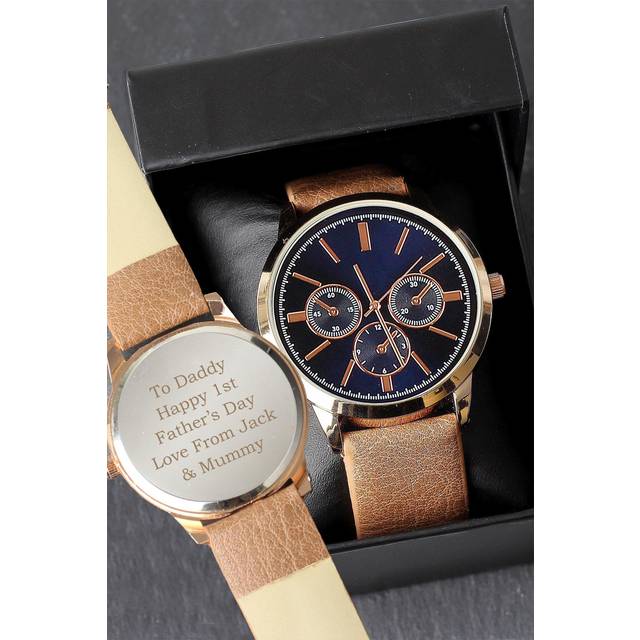 Personalised Message Men's Brown Strap Rose Gold Watch