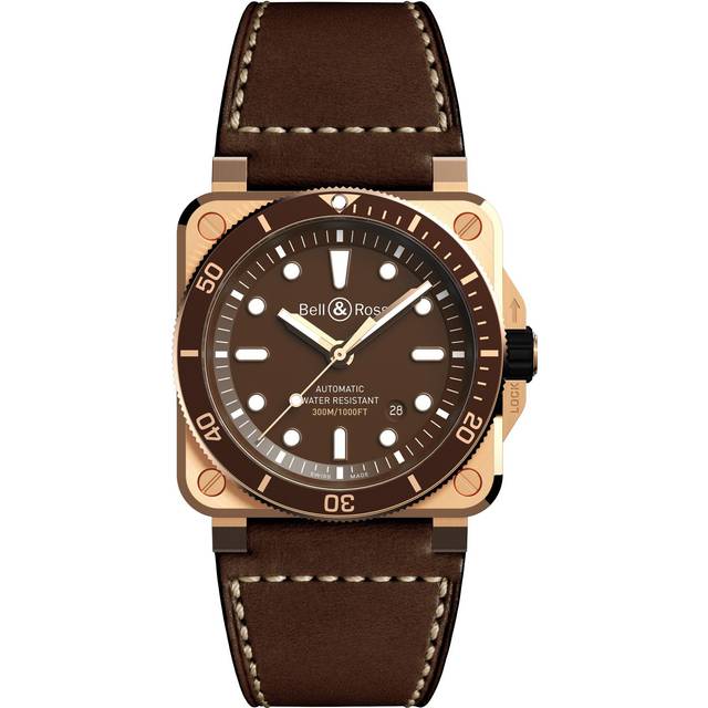 Bell & Ross Mens Brown Br 03-92 Diver Satin-polished Bronze and Leather Automatic Watch 42mm - BROWN
