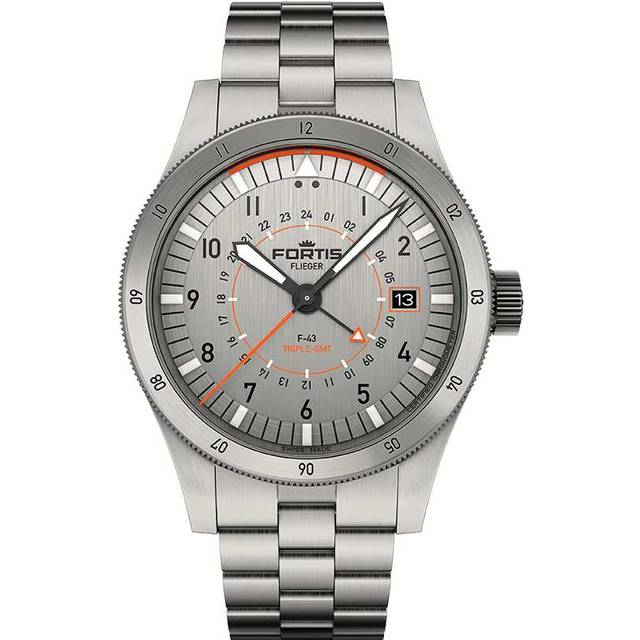 FortisFlieger F-43 Triple-GMT Titanium Orange on Block Bracelet
