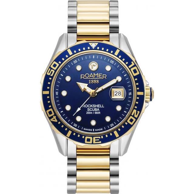 Roamer Swiss Made Rockshell Mark III Scuba - Unidirectional Bezel, Date feature and Blue Dial in a Gold IP Two Tone Stainless Steel Case and Bracelet, Blue, Men