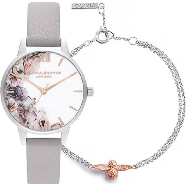 Olivia Burton Grey Leather Strap Watch & Two Tone Bee Bracelet Gift Set