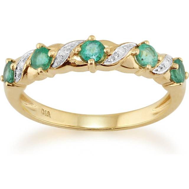 Classic Art Nouveau Round Emerald & Diamond Half Eternity Ring In 9ct Yellow Gold