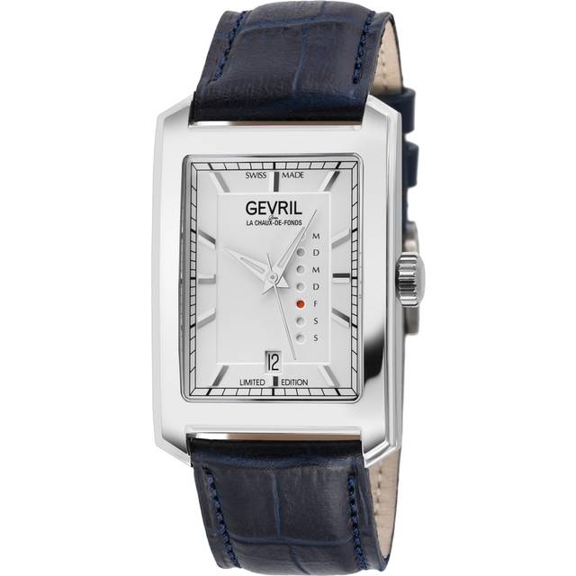 Gevril Mens Manhattanhenge Automatic Stainless Steel Watch, Genuine Handmade Italian Blue Leather Strap with Tang Buckle.. - One Size