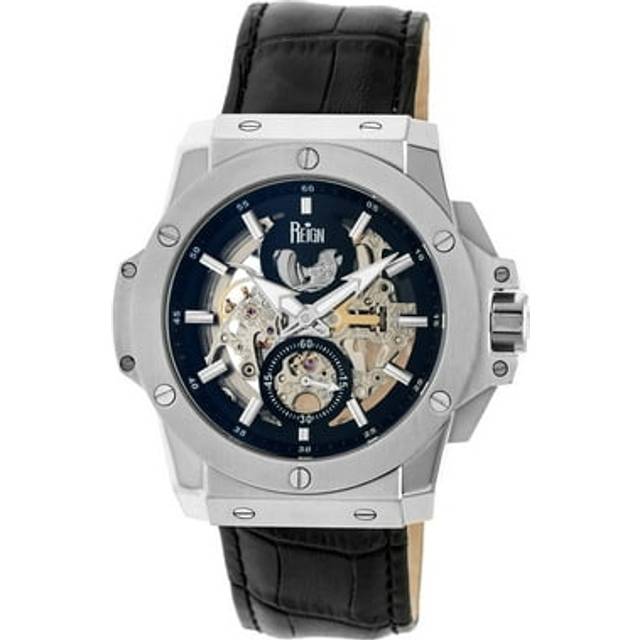 Reign Commodus Automatic Skeleton Watch, REIRN4002 Leather Band Watch Silver with Black