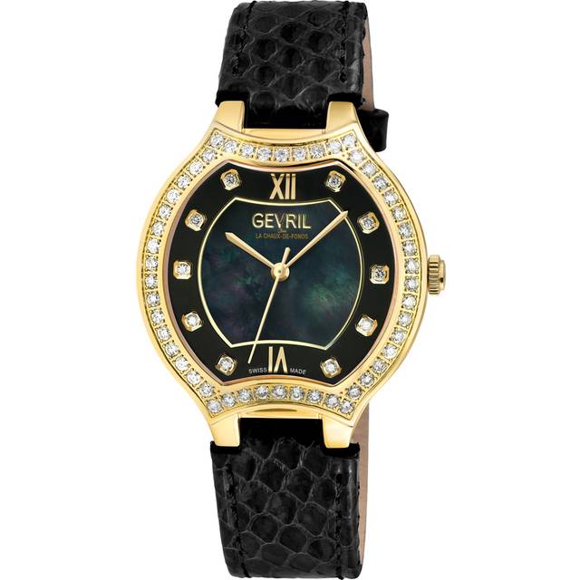 Womens Lugano Swiss Diamond , Black MOP Dial, IPYG Case,Genuine Italian Handmade Leather Strap Swiss Quartz Watch - One Size