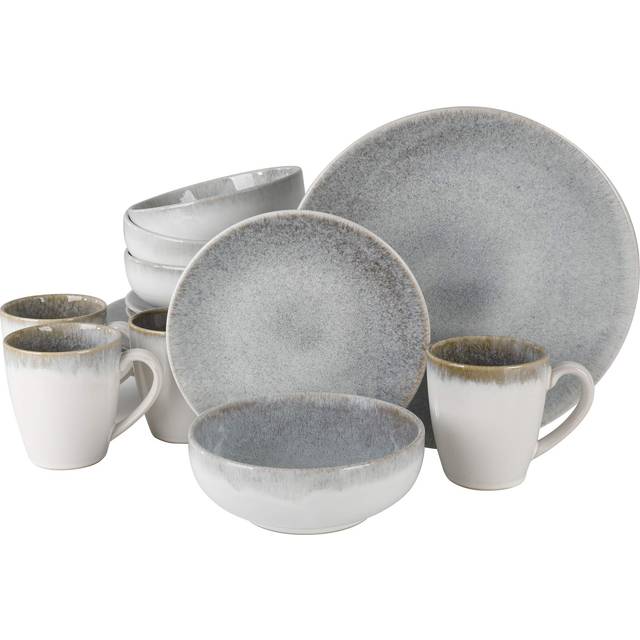 Gibson Elite Kashmir Round Reactive Glaze Stoneware  Dinnerware Set  Service for Four (16pcs)  White w/ Blue Speckle