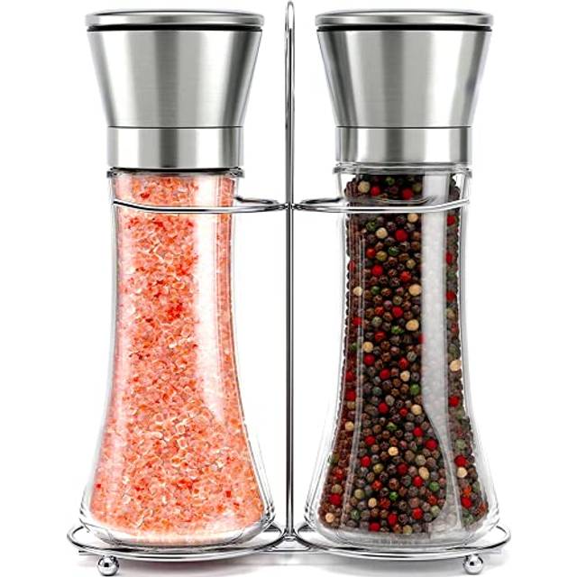 Willow & Everett Salt and Pepper Grinders - Set of Premium Stainless Steel Mills w/ Stand  Tall Shakers w/ Adjustable Coarseness - Salt & Pepper