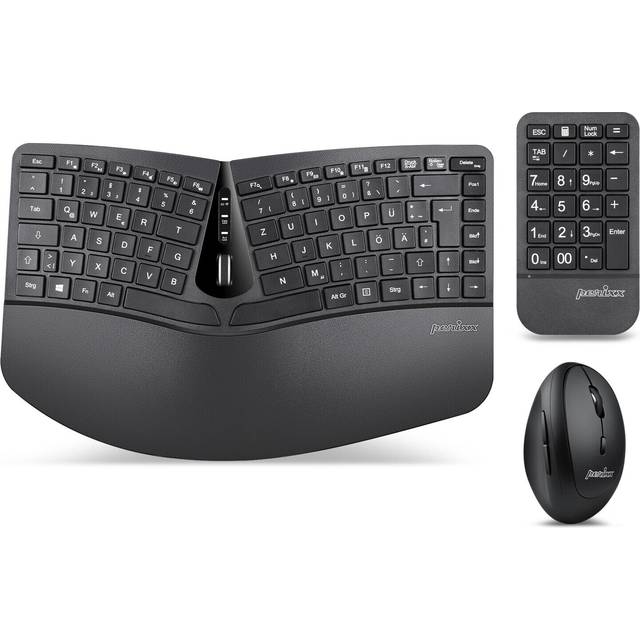 Perixx PERIDUO-606A, 3-i-1 trådlöst kompakt ergonomiskt tangentbord med vertikal mus och numerisk knappsats – justerbart handledsstöd – lutbart hjul – platta knappar – QWERTZ