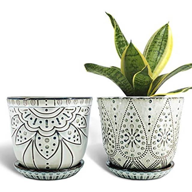Gepege 6 Inch Beaded Ceramic Planter Set of 2 with Drainage Hole and Saucer for Plants  IndoorOutdoor Large Round Succulent Orc