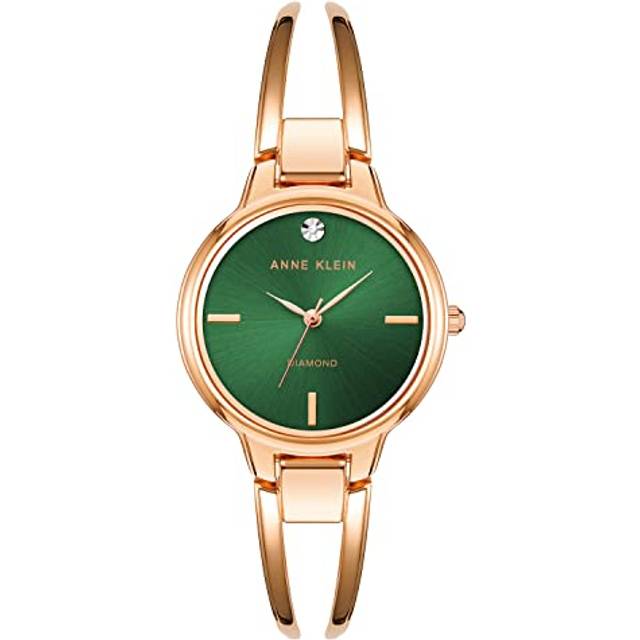 ANNE KLEIN armbandsur för kvinnor med urtavla i äkta diamant, Roséguld/grön