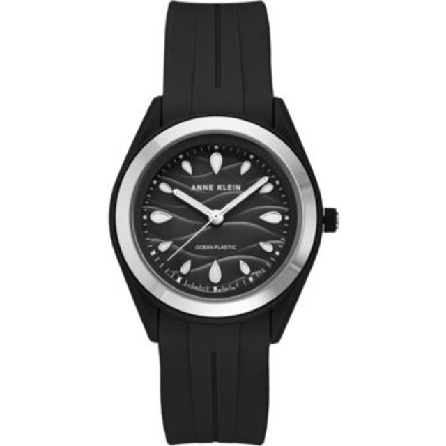 Anne Klein Women's Consider It Solar Recycled Ocean Plastic Strap Watch in Black&Silver-Tone