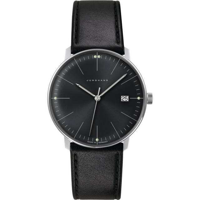 Junghans 41/4465.02 Unisex Max Bill Date Leather Strap Watch, Black