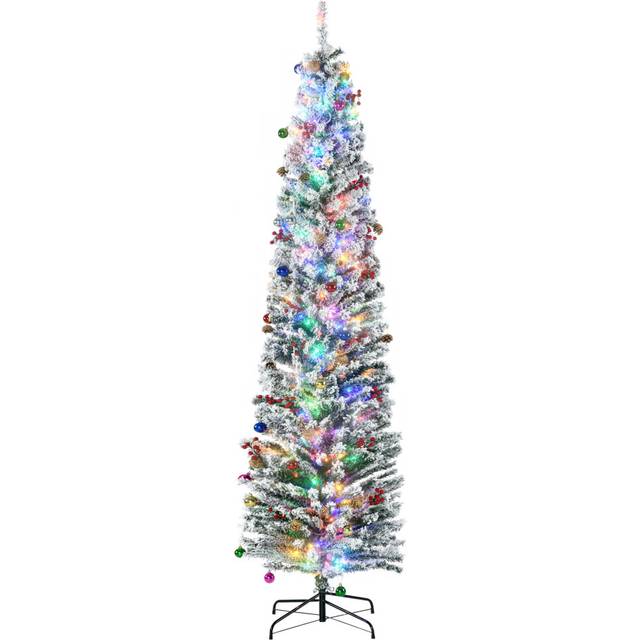 Homcom 7.5' Artificial Prelit Christmas Trees Holiday Décor With Warm White Led Lights, Flocked Tips, Berry, Pine Cone