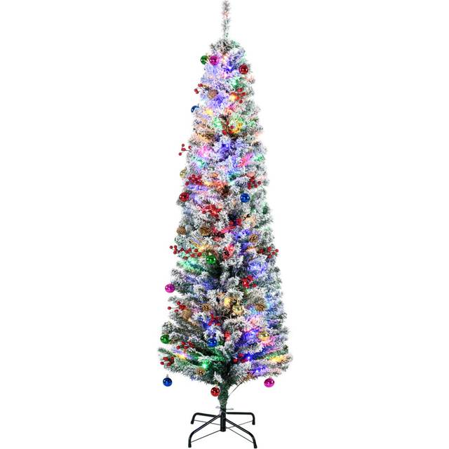 Homcom 6' Artificial Prelit Christmas Trees Holiday Décor With Warm White Led Lights, Flocked Tips, Berry, Pine Cone