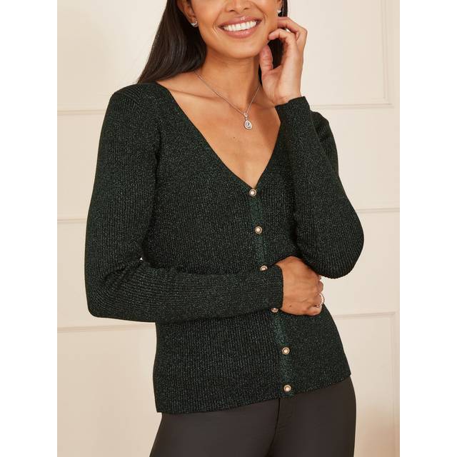 Yumi Womens Green Lurex Sparkle Button Cardigan Viscose - Size Small