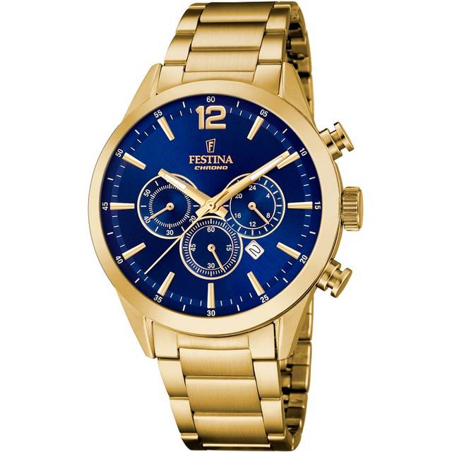Festina Chronograph i guldfarvet med blå skive - Ø43