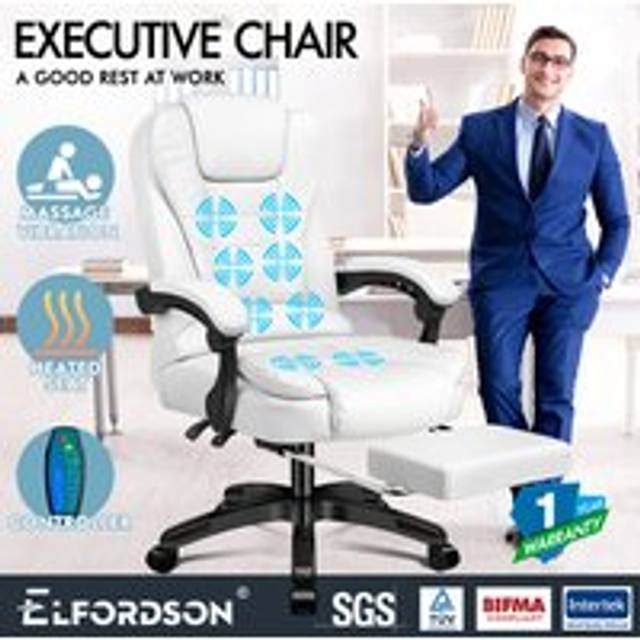 ELFORDSON Massage Office Chair Executive Gaming Chairs Heated Computer Seat White