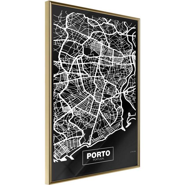 Inramad Poster / Tavla - City Map: Porto (Dark) - 20x30 Guld ram