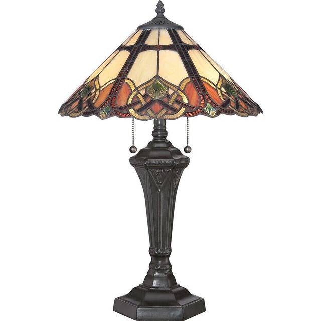 2 Bulb Table Lamp Tiffany Style Coloured Glass Vintage Bronze Base LED E27 75W
