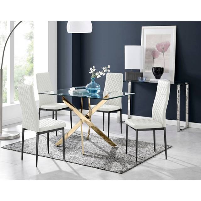 Leonardo Gold Dining Table And 4 Milan Black Leg Dining Chairs - White