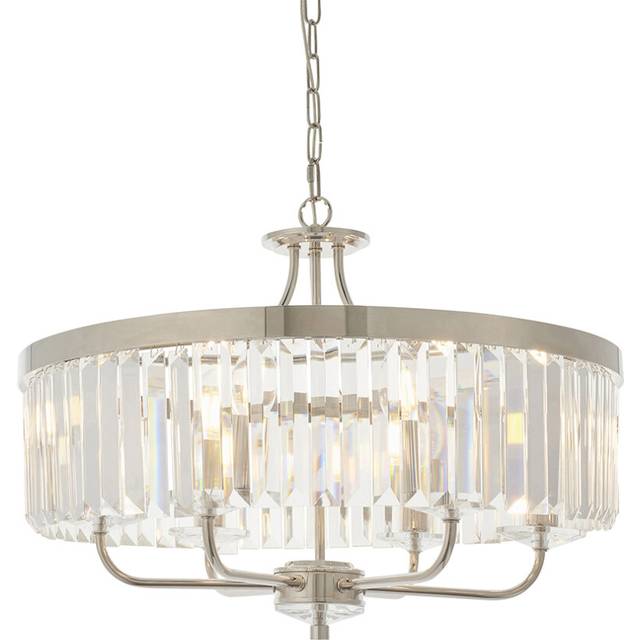 Bright Nickel Ceiling Chandelier Light - Clear Cut Glass 6 Bulb Pendant Fitting