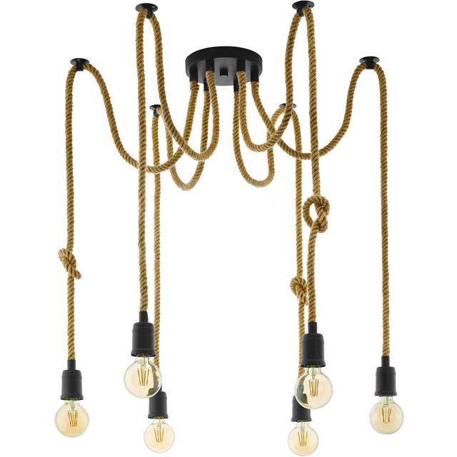 Hanging Ceiling Pendant Light Black & Rope 6x Bulb E27 Adjustable Spider Lamp