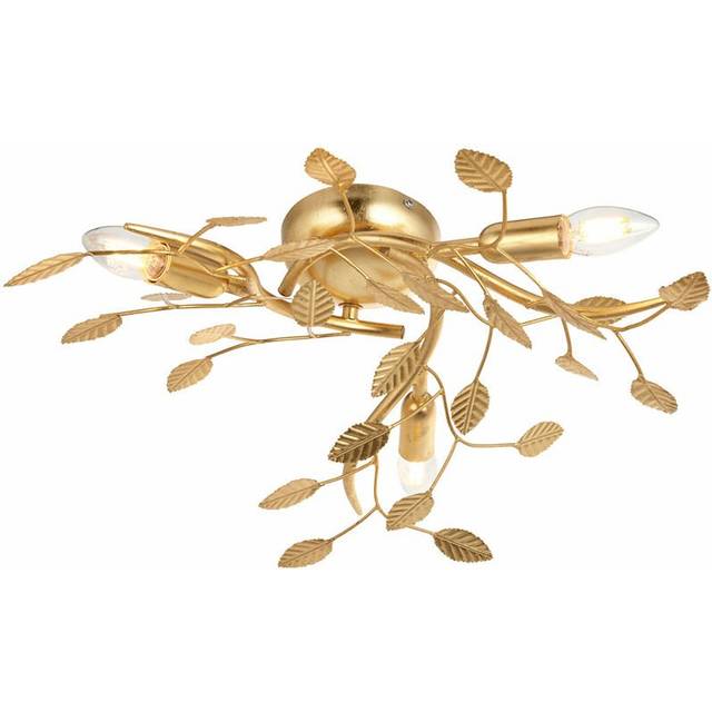 Gold Leaf Flush Ceiling Light - 3 Bulb Decorative Fitting - Low Profile Lighting