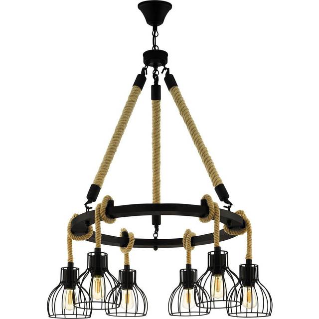 Hanging Ceiling Pendant Light Black & Rope 6x E27 Hallway Feature Chandelier