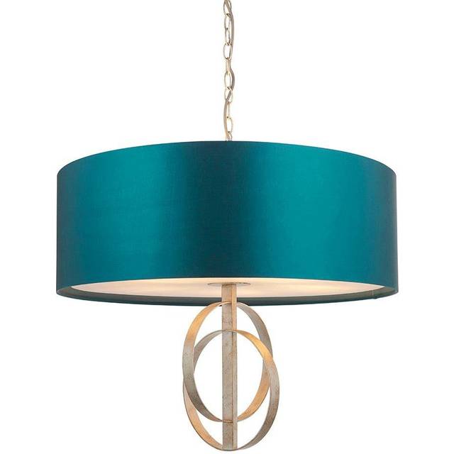 Antique Silver Ceiling Pendant Light & Teal Satin Shade - 5 Bulb Hanging Fitting