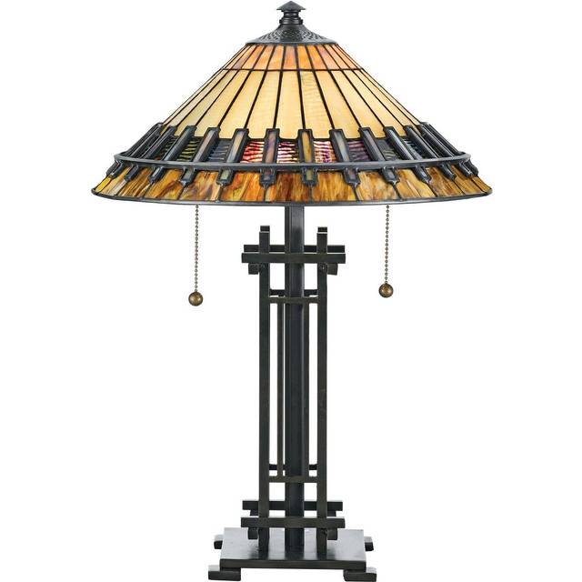 2 Bulb Table Lamp Tiffany Style Coloured Glass Vintage Bronze Base LED E27 60W