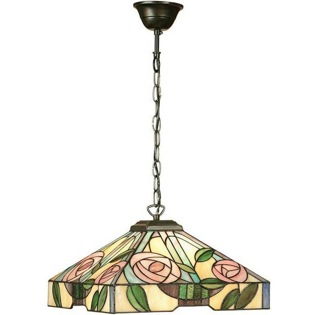 Tiffany glass hanging ceiling pendant light bronze & square rose shade i00156