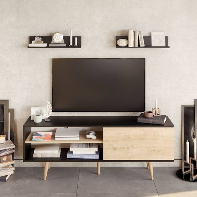 Decorotika Pi 160 Cm Wide Tv Stand Tv Unit Tv Cabinet Storage With Open Shelves And Cabinet - Black And Oak, Multi