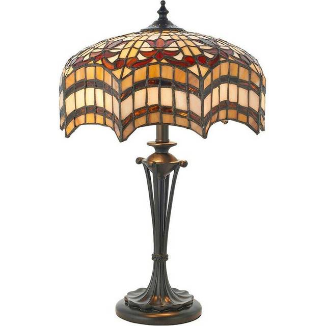 Tiffany Glass Table Lamp Light Dark Bronze & Multi Colour Scalloped Shade i00231